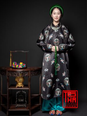 Cho thuê bộ áo Ngũ Thân - Đen, chất vải tafta in họa tiết ổ én