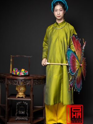 Cho thuê bộ áo Ngũ Thân Nữ - Xanh rêu cổ điển, chất liệu gấm thêu hoa mai