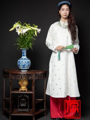 Cho thuê bộ áo Ngũ Thân - Trắng, chất liệu gấm dệt họa tiết hoa hồng cách điệu