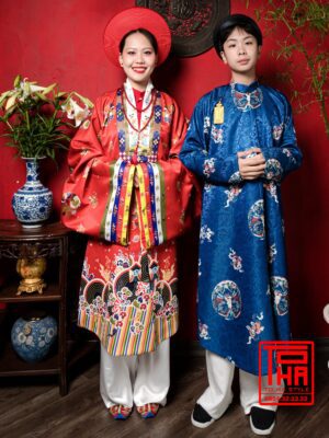 Cho thuê bộ áo Ngũ Thân nam, xanh lam đậm, chất liệu gấm dệt chìm hoa văn kỳ lân vạn thọ