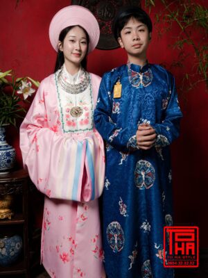 Cho thuê bộ áo Ngũ Thân nam, xanh lam đậm, chất liệu gấm thêu tổ én dệt chìm hoa văn kỳ lân vạn thọ