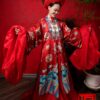 Cho thuê bộ áo Nhật Bình Nữ - đỏ tươi, chất liệu gấm thêu họa tiết phượng và hoa đào