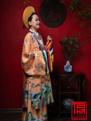 Cho thuê bộ áo Nhật Bình - cam đào, chất liệu gấm thêu họa tiết ổ phượng