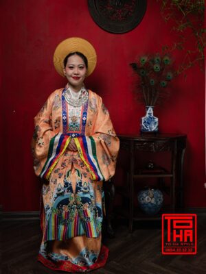 Cho thuê bộ áo Nhật Bình - cam đào, chất liệu gấm thêu họa tiết ổ phượng