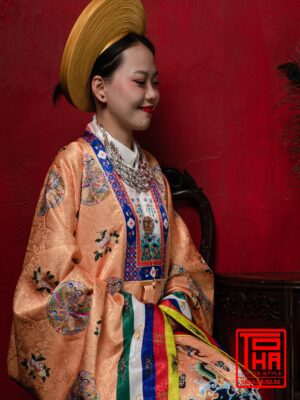 Cho thuê bộ áo Nhật Bình - cam đào, chất liệu gấm thêu họa tiết ổ phượng