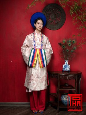 Cho thuê bộ áo Nhật Bình - hồng phấn, chất liệu gấm thêu hoa đào