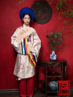 Cho thuê bộ áo Nhật Bình - hồng phấn, chất liệu gấm thêu hoa