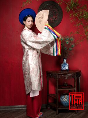 Cho thuê bộ áo Nhật Bình - hồng phấn, chất liệu gấm thêu hoa