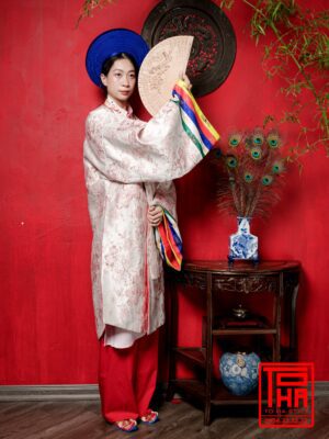 Cho thuê bộ áo Nhật Bình - hồng phấn, chất liệu gấm thêu hoa