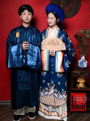 Cho thue bo ao Nhat Binh nu Xanh Navy vai tafta in hoa tiet hoa cuc cach dieu 10