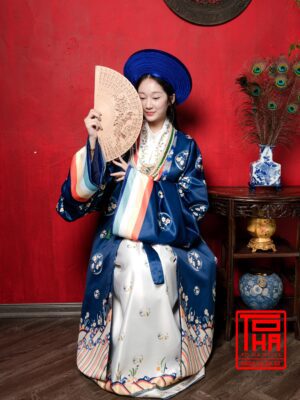 Cho thue bo ao Nhat Binh nu Xanh Navy vai tafta in hoa tiet hoa cuc cach dieu 3