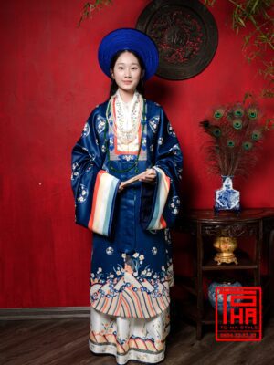 Cho thuê bộ áo Nhật Bình nữ - Xanh Navy, vải tafta in họa tiết hoa cúc cách điệu