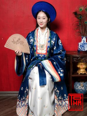 Cho thue bo ao Nhat Binh nu Xanh Navy vai tafta in hoa tiet hoa cuc cach dieu 4