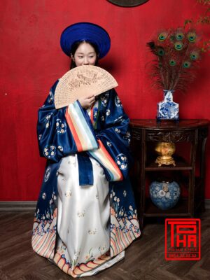 Cho thue bo ao Nhat Binh nu Xanh Navy vai tafta in hoa tiet hoa cuc cach dieu 5