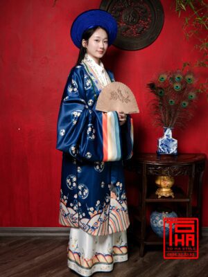 Cho thue bo ao Nhat Binh nu Xanh Navy vai tafta in hoa tiet hoa cuc cach dieu 7