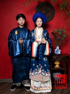 Cho thue bo ao Nhat Binh nu Xanh Navy vai tafta in hoa tiet hoa cuc cach dieu 8