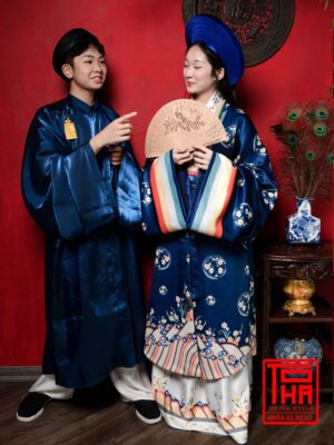 Cho thue bo ao Nhat Binh nu Xanh Navy vai tafta in hoa tiet hoa cuc cach dieu 9