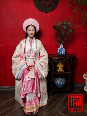 Cho thuê bộ áo Nhật Bình nữ - hồng phấn, vải tafta in họa tiết hoa đào