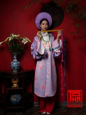 Cho thuê bộ áo Nhật Bình nữ - tím, vải tafta in họa tiết hoa đào