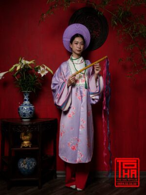 Cho thuê bộ áo Nhật Bình nữ - tím, vải tafta in họa tiết hoa đào