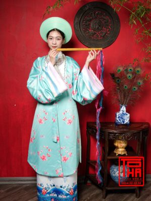 Cho thuê bộ áo Nhật Bình nữ - xanh ngọc, vải tafta in họa tiết hoa đào
