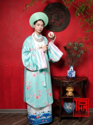 Cho thue bo ao Nhat Binh nu xanh ngoc vai tafta in hoa tiet hoa dao 3