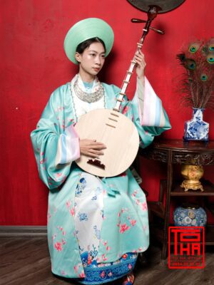 Cho thuê bộ áo Nhật Bình nữ - xanh ngọc, vải tafta in họa tiết hoa đào