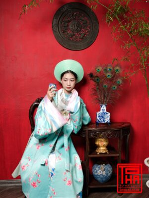 Cho thue bo ao Nhat Binh nu xanh ngoc vai tafta in hoa tiet hoa dao 6