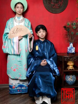 Cho thue bo ao Nhat Binh nu xanh ngoc vai tafta in hoa tiet hoa dao 7