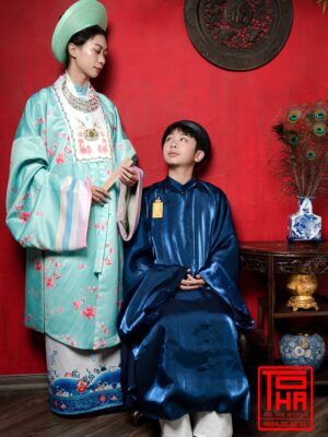 Cho thue bo ao Nhat Binh nu xanh ngoc vai tafta in hoa tiet hoa dao 8