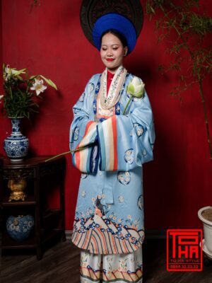 Cho thue bo ao Nhat Binh nu xanh thien thanh chat vai tafta in hoa tiet hoa mai cach dieu 2