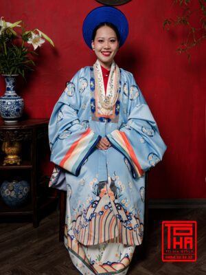 Cho thue bo ao Nhat Binh nu xanh thien thanh chat vai tafta in hoa tiet hoa mai cach dieu 3