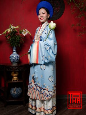 Cho thue bo ao Nhat Binh nu xanh thien thanh chat vai tafta in hoa tiet hoa mai cach dieu 4
