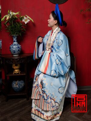 Cho thue bo ao Nhat Binh nu xanh thien thanh chat vai tafta in hoa tiet hoa mai cach dieu 5