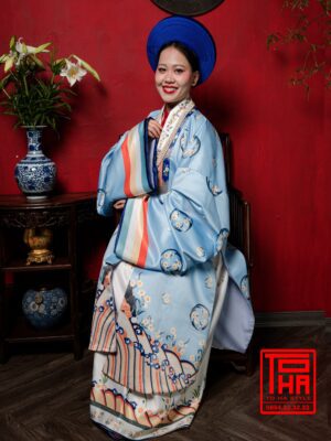 Cho thue bo ao Nhat Binh nu xanh thien thanh chat vai tafta in hoa tiet hoa mai cach dieu 6