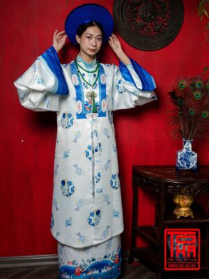 Cho thuê bộ áo Nhật Bình - xanh ngọc lam nhạt, chất vải tafta in họa tiết hải ngư thủy mẫu