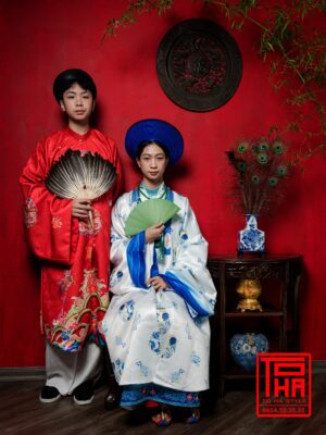 Cho thuê bộ áo Nhật Bình - xanh ngọc lam nhạt, chất vải tafta in họa tiết hải ngư thủy mẫu