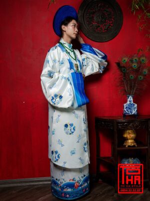 Cho thue bo ao Nhat Binh xanh ngoc lam nhat chat vai tafta in hoa tiet hai ngu thuy mau 2