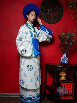 Cho thue bo ao Nhat Binh xanh ngoc lam nhat chat vai tafta in hoa tiet hai ngu thuy mau 4