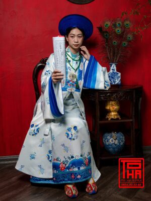 Cho thue bo ao Nhat Binh xanh ngoc lam nhat chat vai tafta in hoa tiet hai ngu thuy mau 6