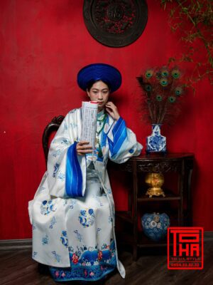 Cho thue bo ao Nhat Binh xanh ngoc lam nhat chat vai tafta in hoa tiet hai ngu thuy mau 8