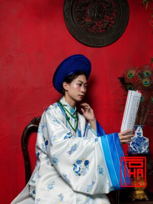 Cho thue bo ao Nhat Binh xanh ngoc lam nhat chat vai tafta in hoa tiet hai ngu thuy mau 9