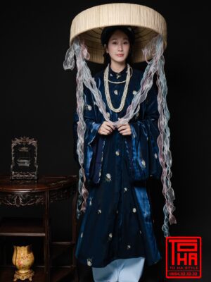 Cho thue bo ao Tac Nu Xanh Dam chat lieu gam theu hoa tiet hoa cuc trang 5