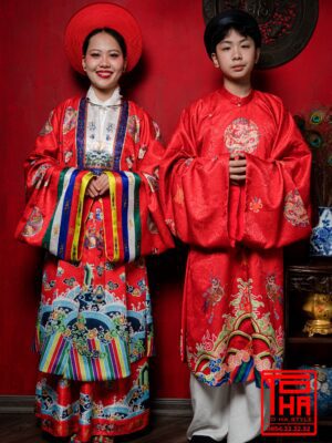 Cho thuê bộ áo Tấc nam - Đỏ tươi ,chất liệu gấm thêu họa tiết Long Lân cát tường