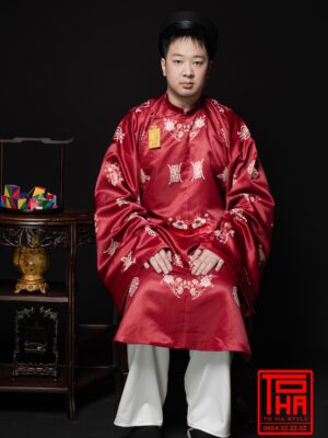 Cho thuê bộ áo Tấc nam - đỏ đô, vải tafta in họa tiết Phúc Thọ Mẫu Đơn
