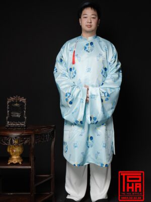 Cho thuê bộ áo Tấc nam - xanh ngọc lam nhạt, chất vải tafta in họa tiết hải ngư thủy mẫu