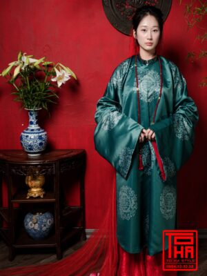 Cho thuê bộ áo Tấc - xanh lục bảo, vải tafta in họa tiết chữ Thọ