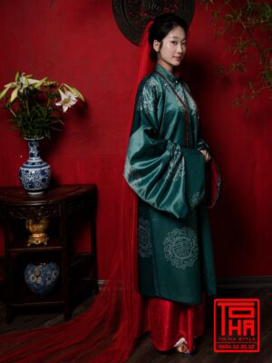 Cho thue bo ao Tac xanh luc bao vai tafta in hoa tiet chu Tho 3